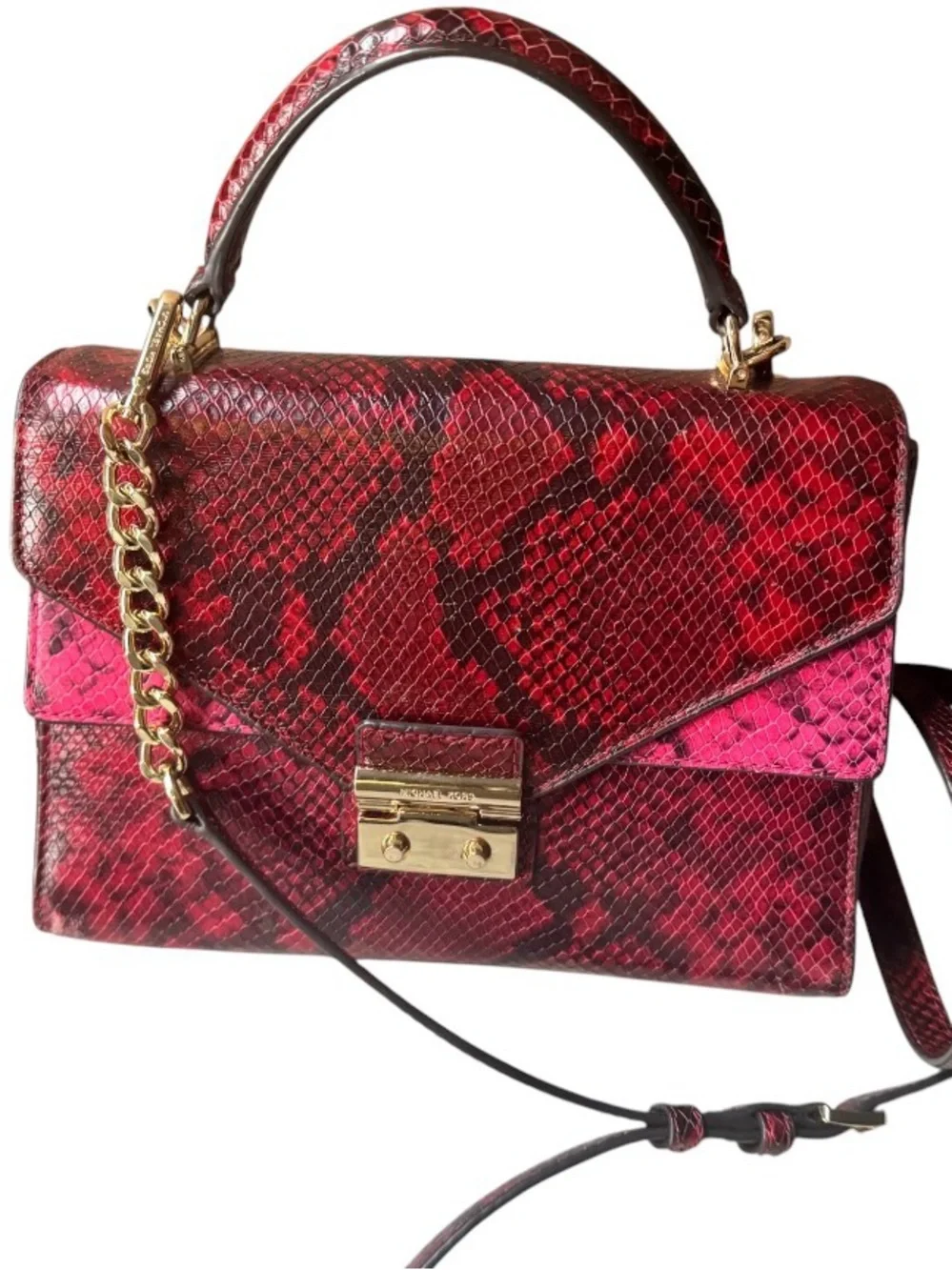 Michael Kors Red Snake-Embossed Satchel with Gold Hardware